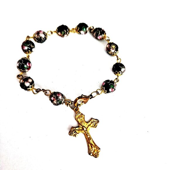 Unbranded Jewelry - Vintage Cloisonne Beaded Gold Tone Cross Rosary 7" Bracelet